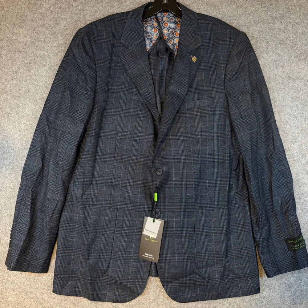 Tom Baine Mens Blue Glen Plaid Stretch Slim Fit Blazer Jacket 2XL 46 TBP81-1 NWT
